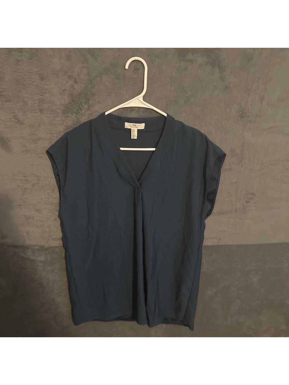 HALSTON Teal Blue V-Neck Sleeveless Blouse Womens Medium Tunic Top